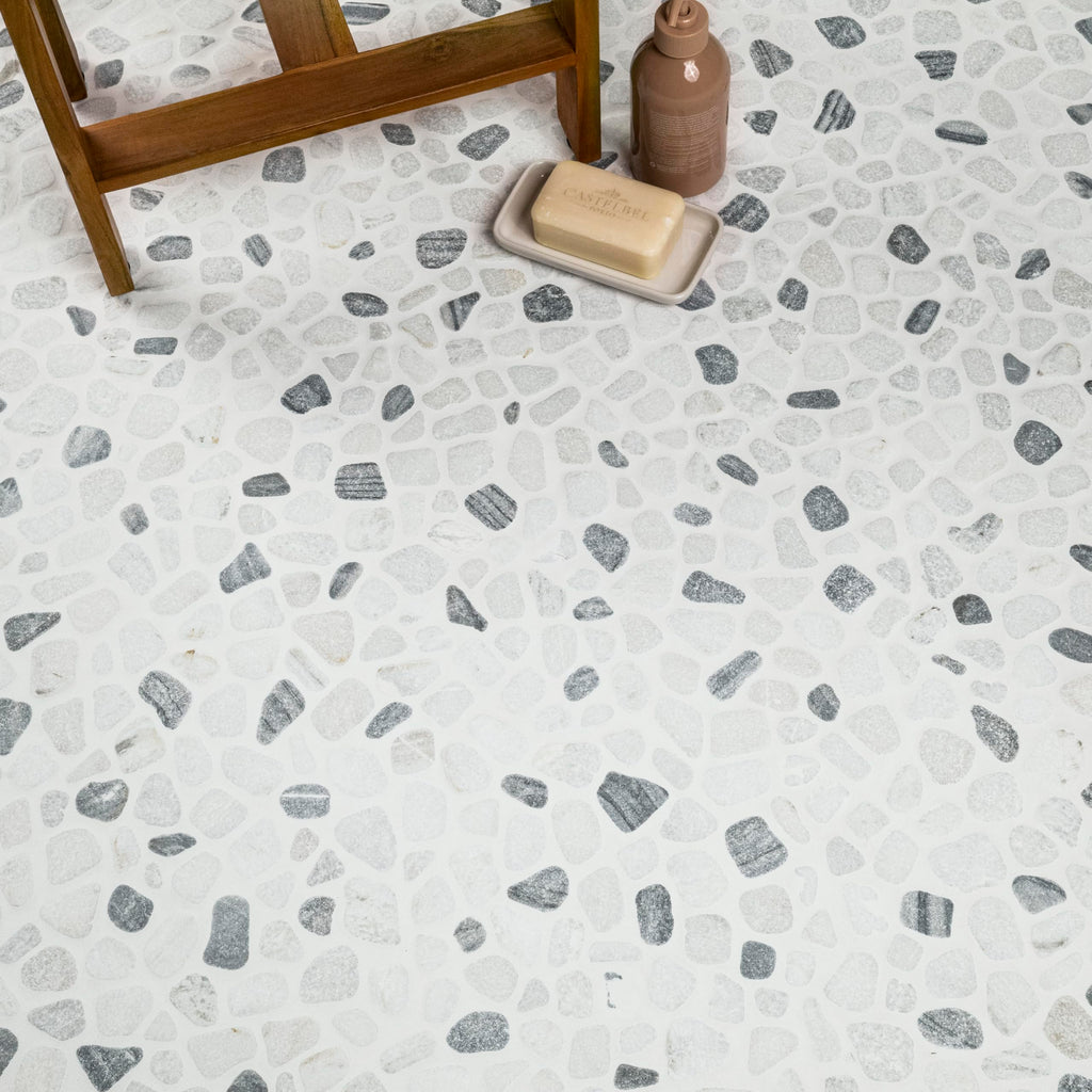 Marble Wall Tile | Black and White Pebbles Pattern Tumbled | 12" x 12"