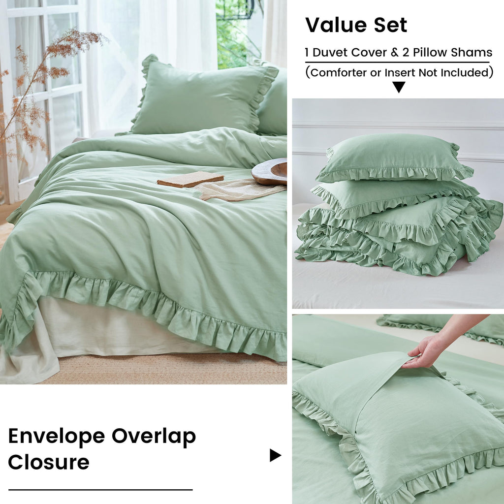 Ruffled Linen Cotton Duvet Cover Set 3Pcs, Breathable Natural Blend with Feminine Ruffle Accents (1 Duvet Cover & 2