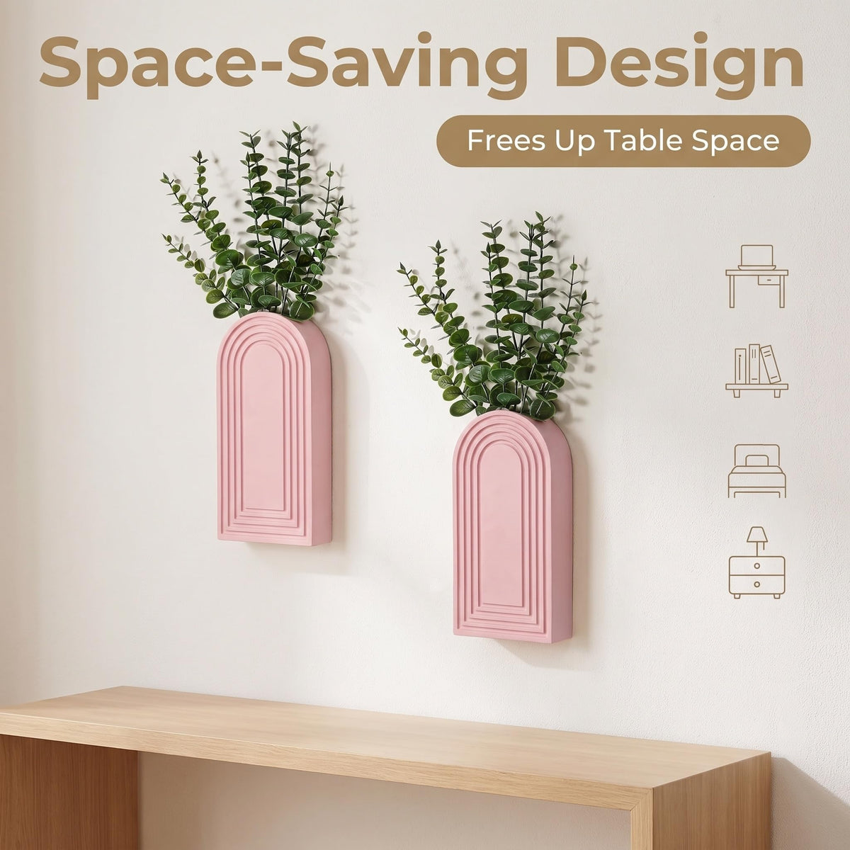 2 Pack Wooden Wall Vase Set - Pink Finish Modern Farmhouse & Boho Wall Decor, Narrow Spaces