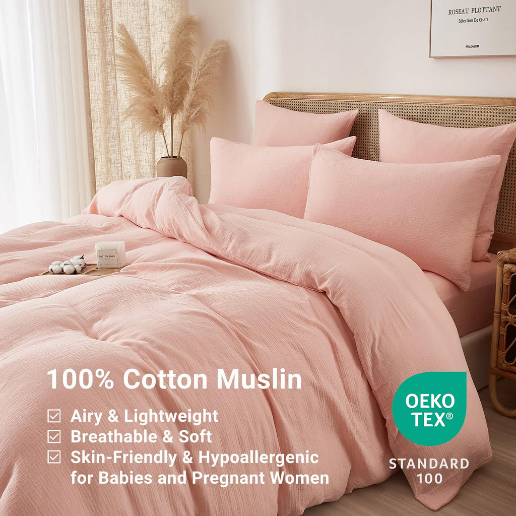 100% Muslin Cotton Blush Pink Duvet Cover Set Fluffy Solid Bedding