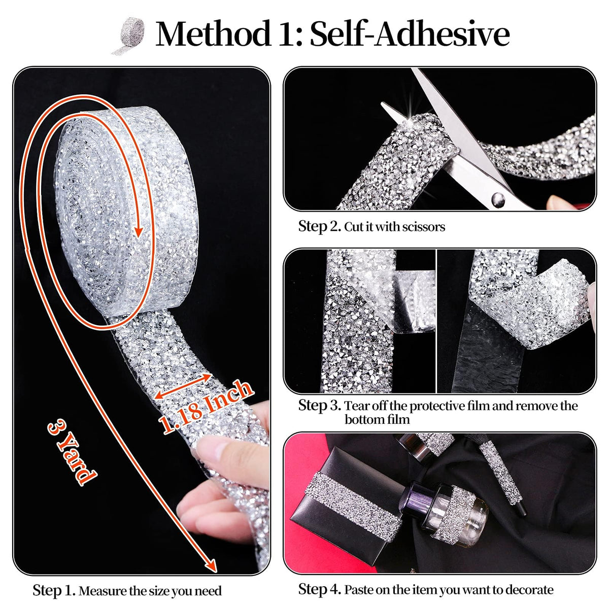 Bling Crystal Rhinestone Ribbon Self-Adhesive Iron on Resin Diamond Ribbon Wrap Roll DIY Bling Stickers for Wedding