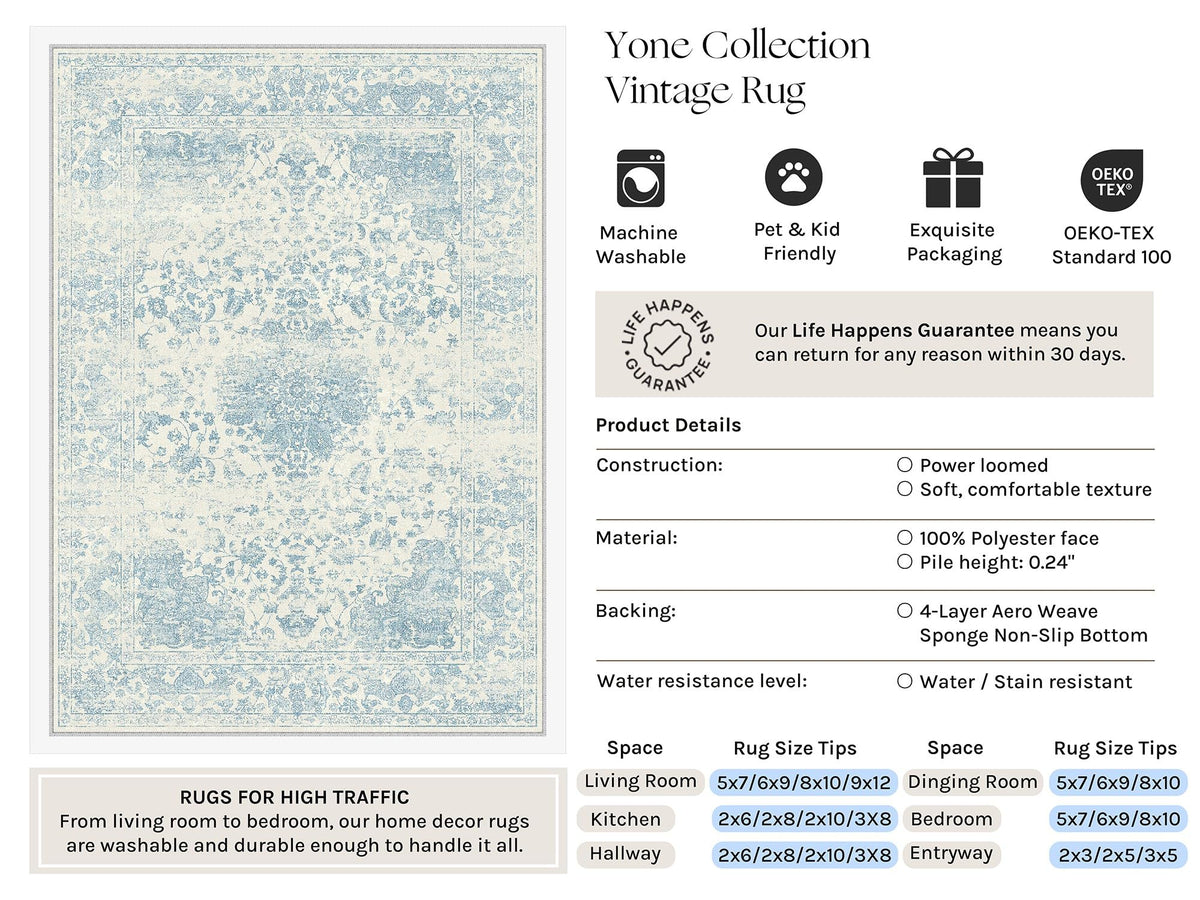 Blue 2x10 Runner Rug Washable Vintage Rug Carpet