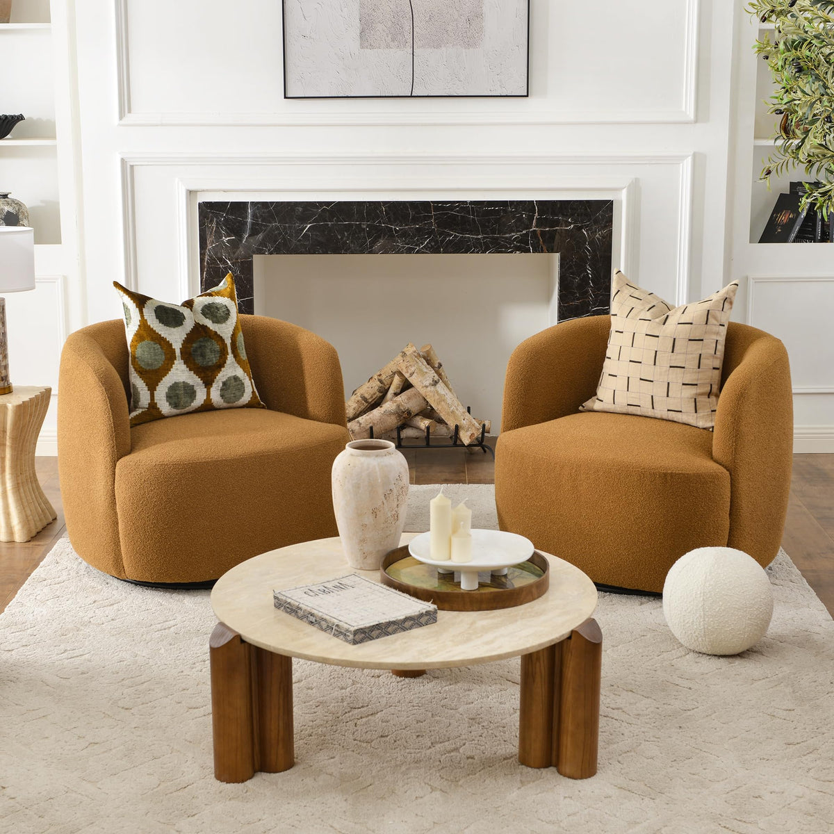 34" W Boucle Swivel Barrel Chairs with Pillow Set of 2, Brown