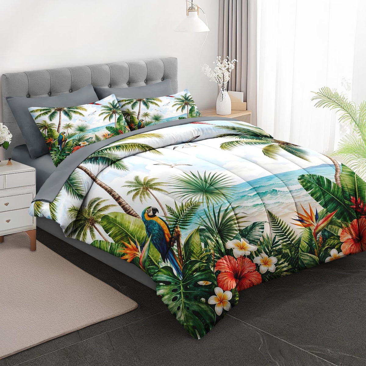 Comforter Set, 7 Pieces Tropical Beach Bedding Set