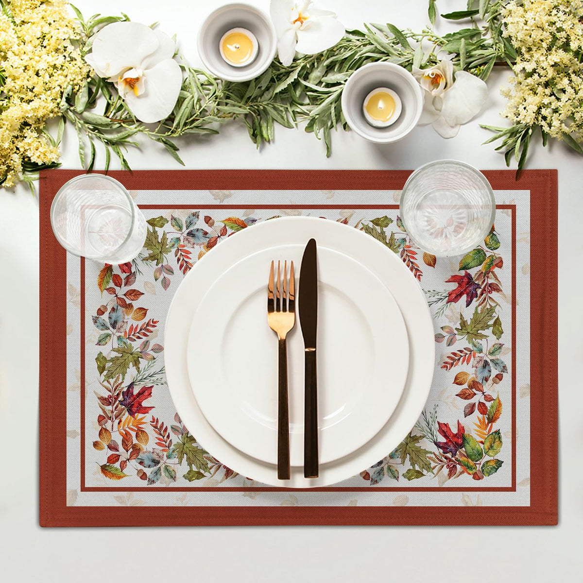 Fall Leaves Placemats Set of 4, Autumn Harvest Maple Leaves Farmhouse Tabletop Mat 12 x 18 Inch Washable Heat