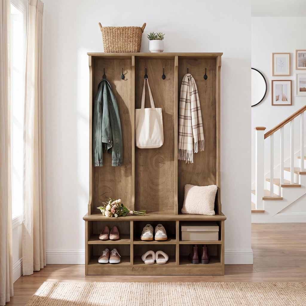 Hall Tree with Bench and Shoe Storage, Rustic Oak