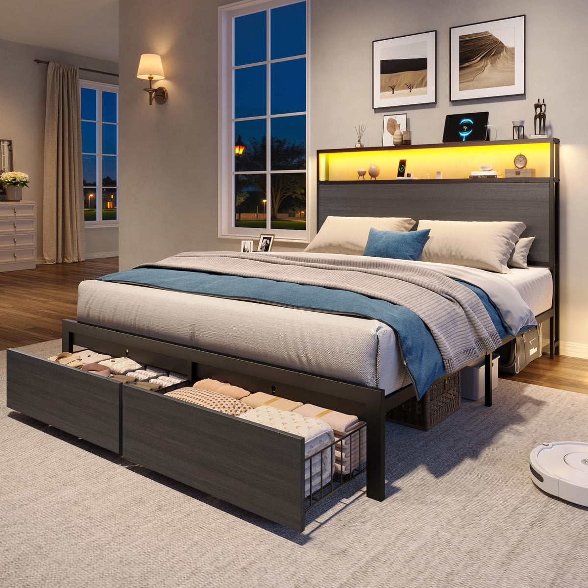 Bed Frame with 2 Drawers, LED Lights, Charging Station