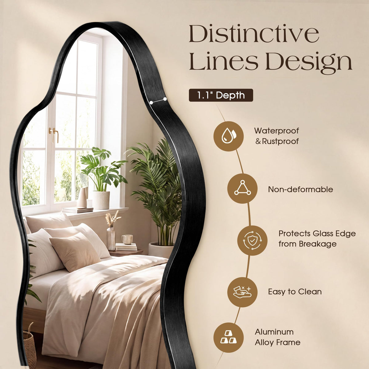 36''x22'' Asymmetrical Mirror with Wood Frame, Small Irregular Wavy Wall Mirror, Odd Shaped Mid Century Modern Mirror