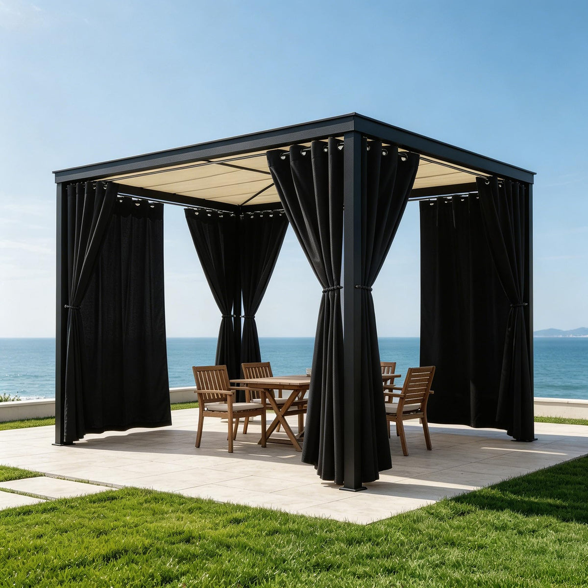 8 Panels Outdoor Curtains Waterproof - 52x120 Inches Black Blackout Curtains, Polyester Weatherproof Privacy Drapes