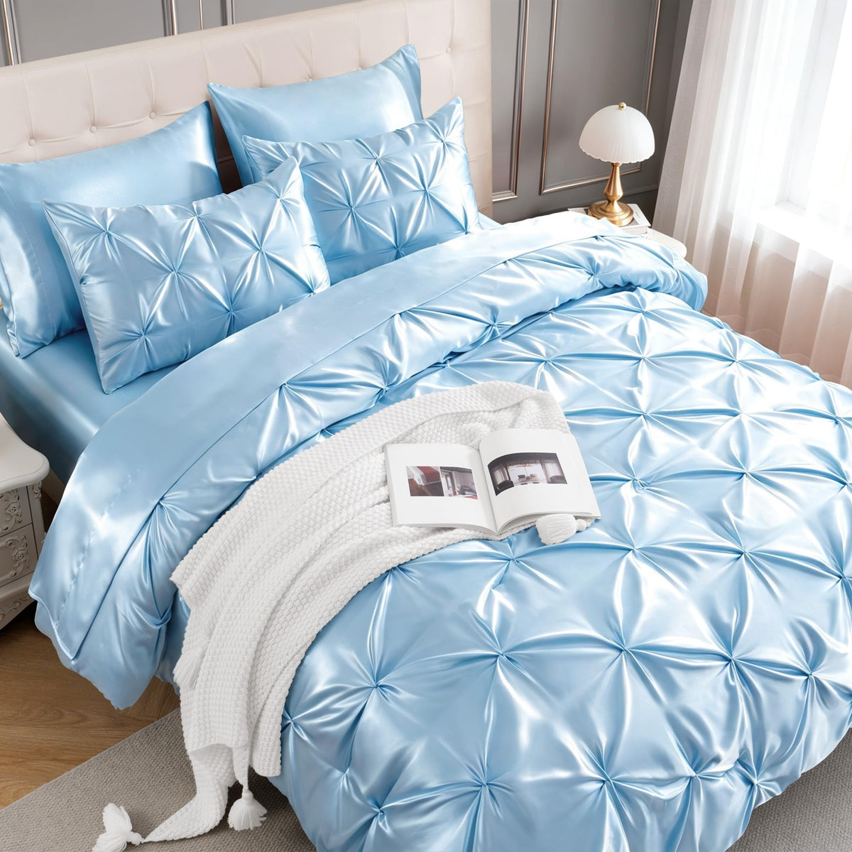 Satin Comforter Set Light Blue, 7-Piece Pintuck Bed in A Bag