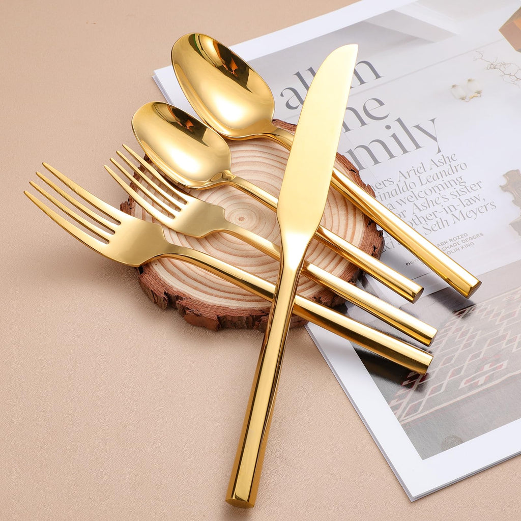 Mirror Silverware Set Gold Flatware Set with Hexagon Handle 20 Pieces 18/0 Stainless Steel Cutlery Set Wedding