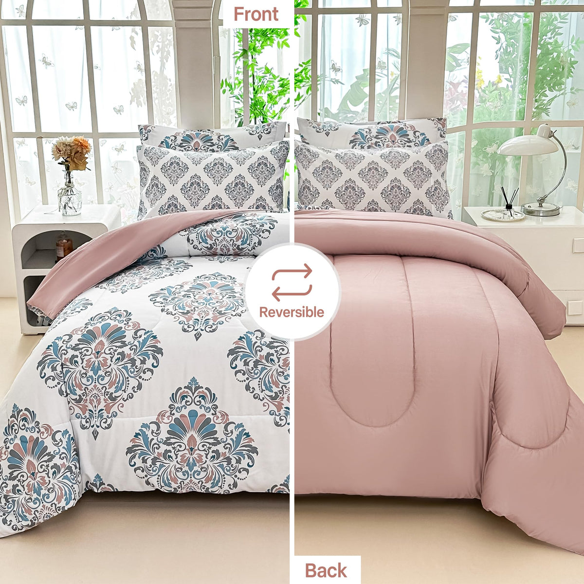 Floral Queen Comforter Set with Sheets, 7 piece Luxury Vintage Bedding, Soft Microfiber Bed in a Bag, Cozy