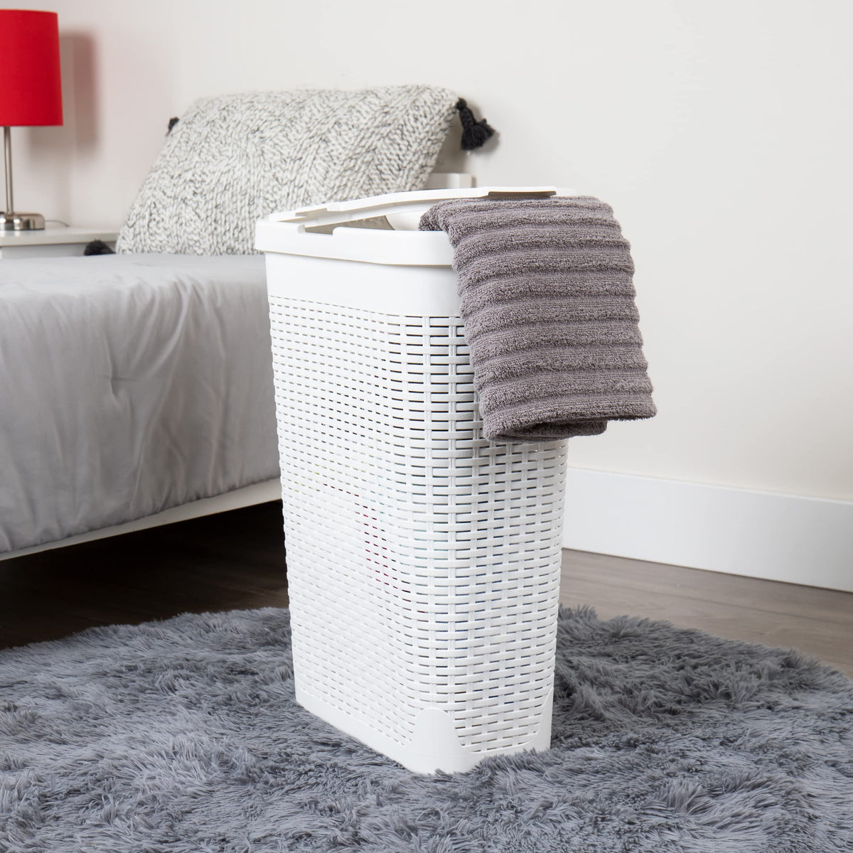 Slim Laundry Hamper with Lid, 40L Clothes Basket, Narrow Tapered Design with Ventilated Cutout Pattern, Plastic, White
