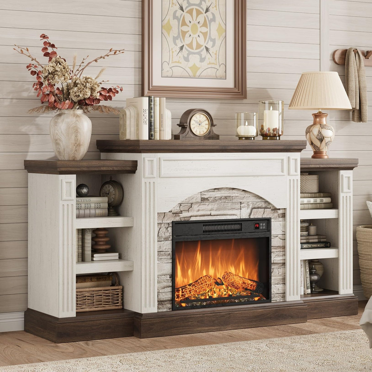 70" Farmhouse Electric Fireplace with Mantel, White and Brown
