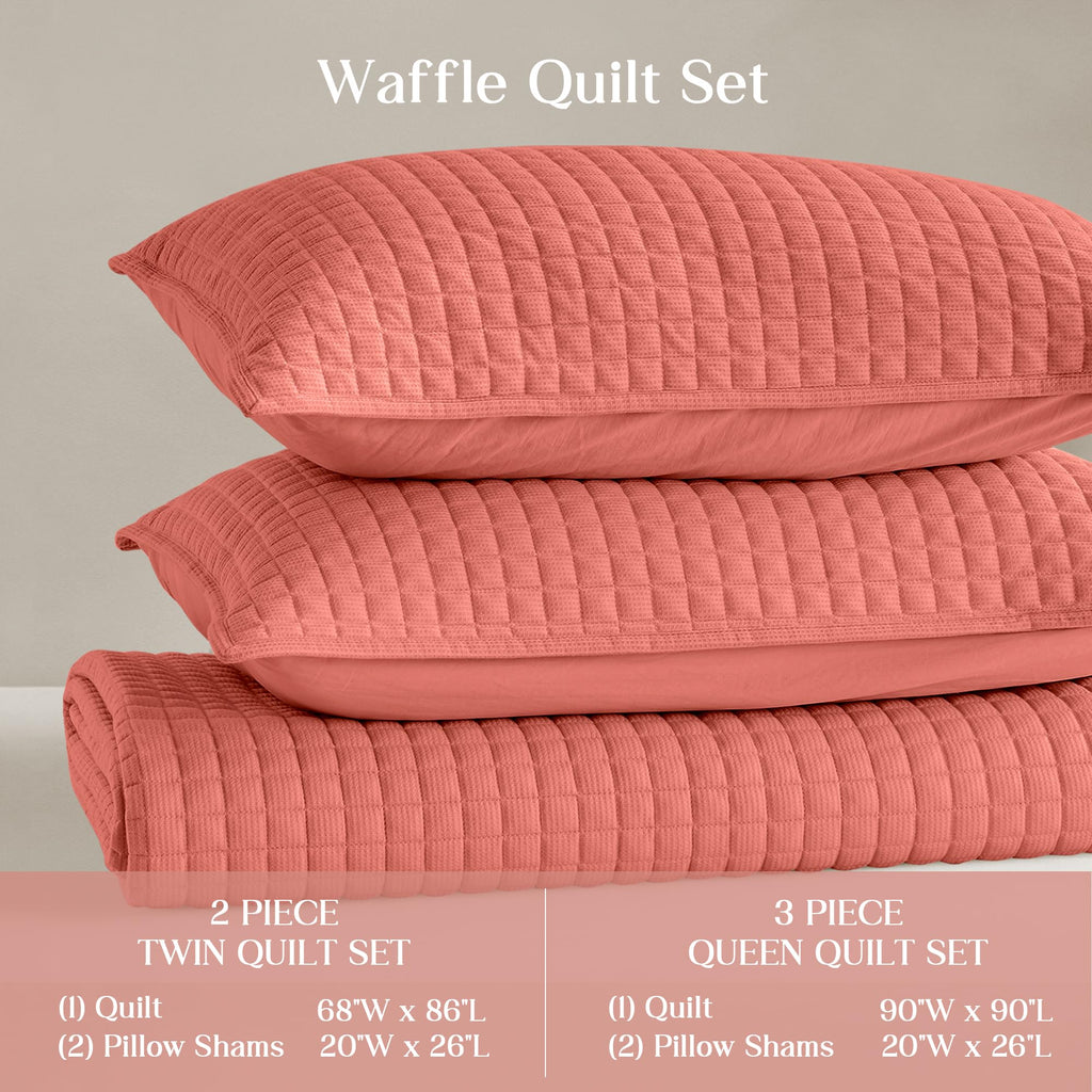 2 Piece Waffle Weave Quilt Set, Coral Lightweight Bedspread Coverlet for All Season, Ultra Soft Microfiber