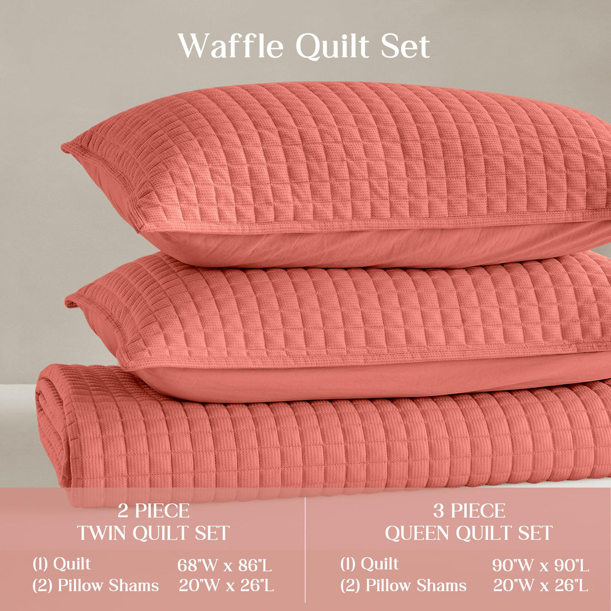 2 Piece Waffle Weave Quilt Set, Coral Lightweight Bedspread Coverlet for All Season, Ultra Soft Microfiber
