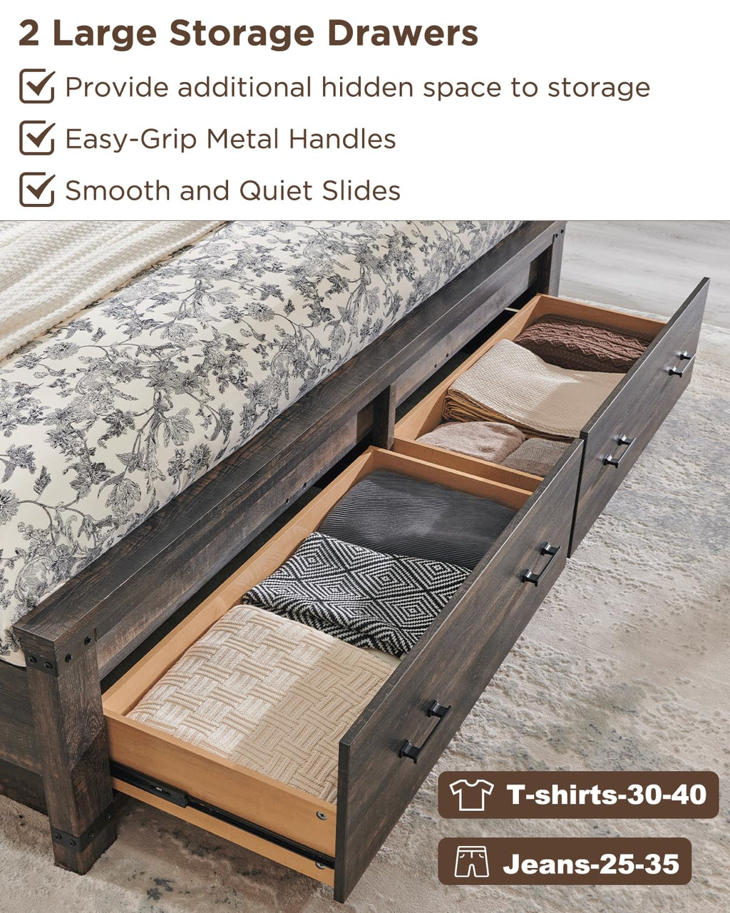 54" Tall Farmhouse Wood Bed Frame with Headboard, Dark Rustic Oak