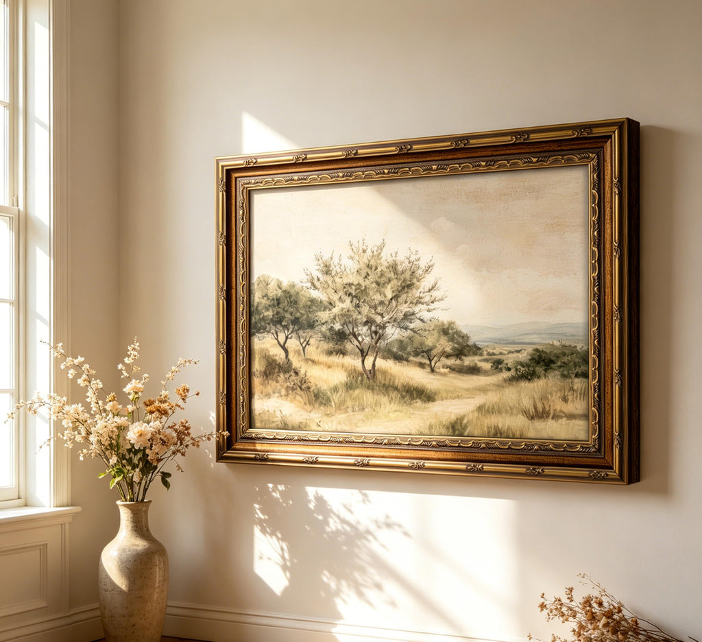 Vintage Gold Framed Olive Tree Landscape Wall Art - Retro Country Farmhouse Canvas Prints, Rustic Nature Scene