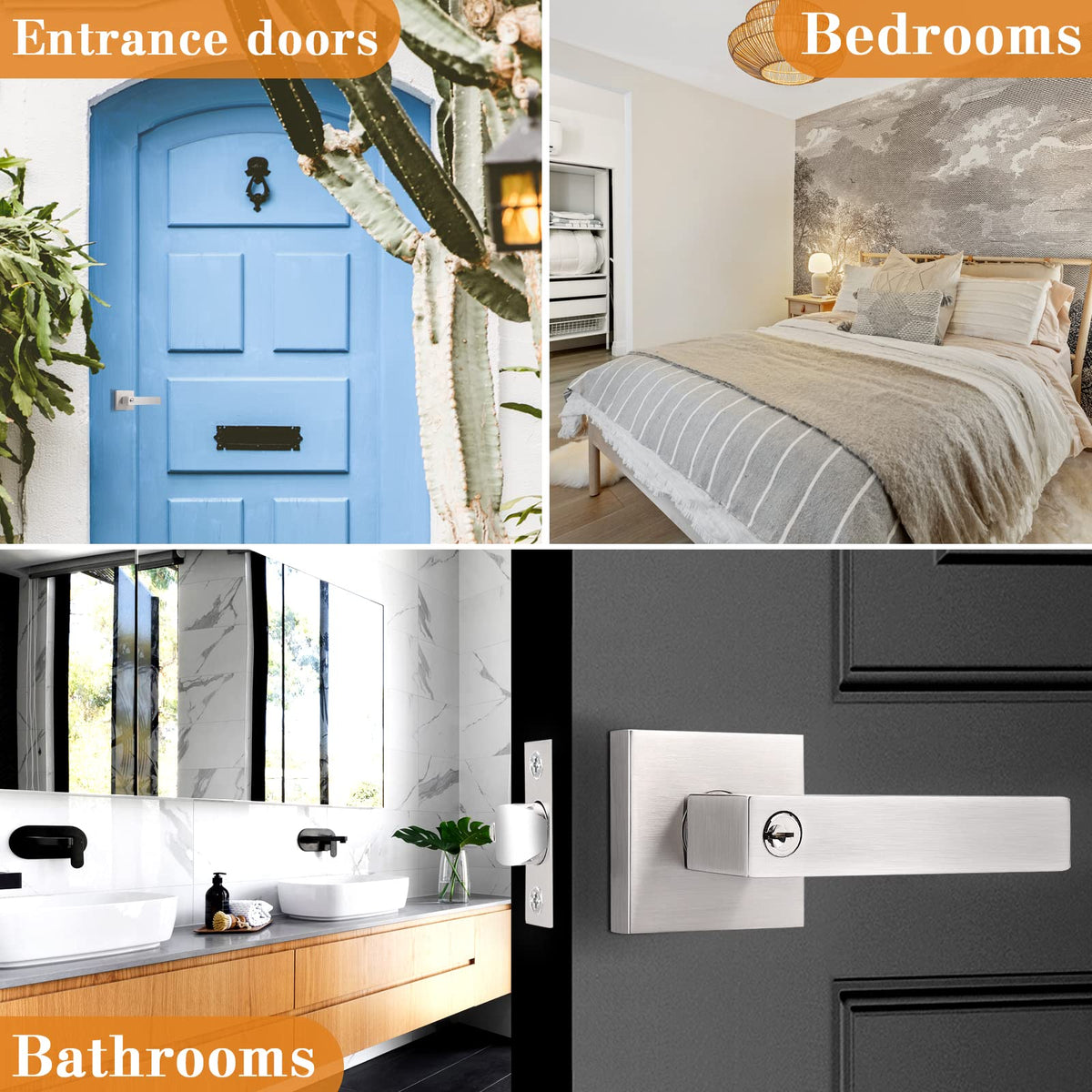 Entry Door Levers Brushed Nickel with Different Keys, Heavy Duty Hardware for Exterior Front and Back Door,Lockable