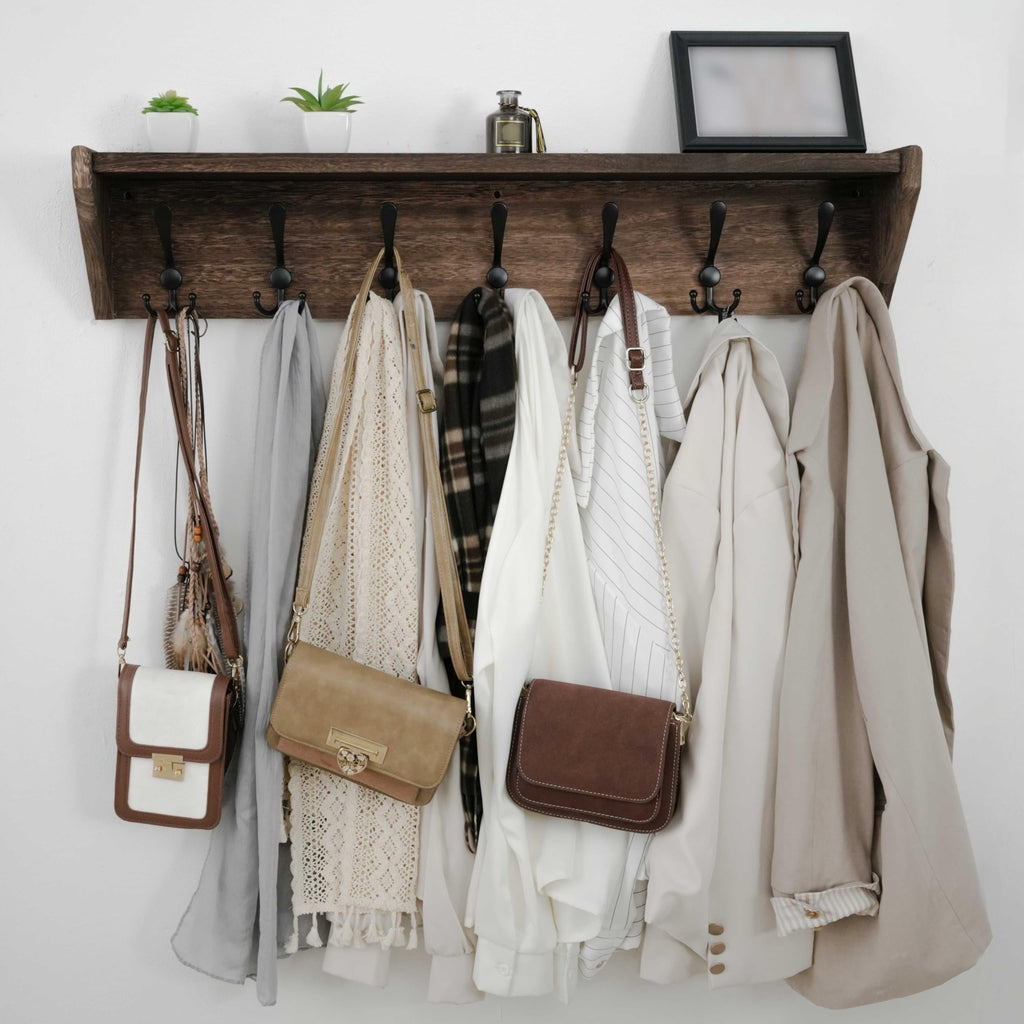 Coat Rack Wall Mount with Shelf, 35" Long Wall Shelf with Hooks Underneath, 7 Triple Hooks, Weathered Brown