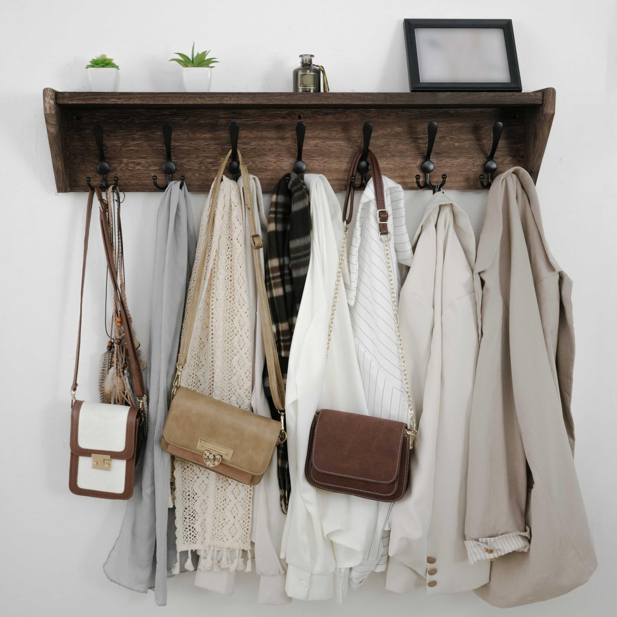 Coat Rack Wall Mount with Shelf, 35" Long Wall Shelf with Hooks Underneath, 7 Triple Hooks, Weathered Brown