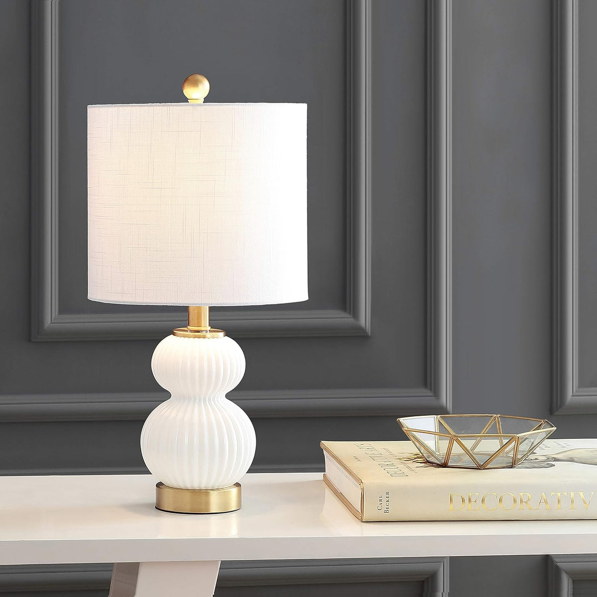 20" White/Brass Gold Ribbed Gourd Glass Table Lamp, Modern Bedside Lamp Living Room, White Linen Drum Shade