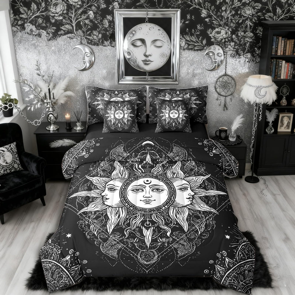 Bohemian Black and White Bed in a Bag Queen Comforter Set 7-Piece | Sun and Moon Bedding Sets Boho Floral Paisley