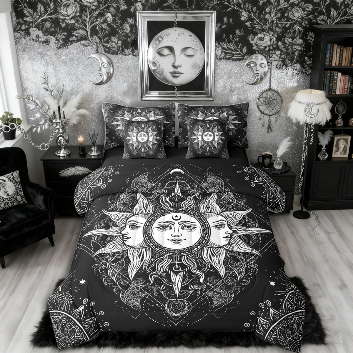 Bohemian Black and White Bed in a Bag Queen Comforter Set 7-Piece | Sun and Moon Bedding Sets Boho Floral Paisley