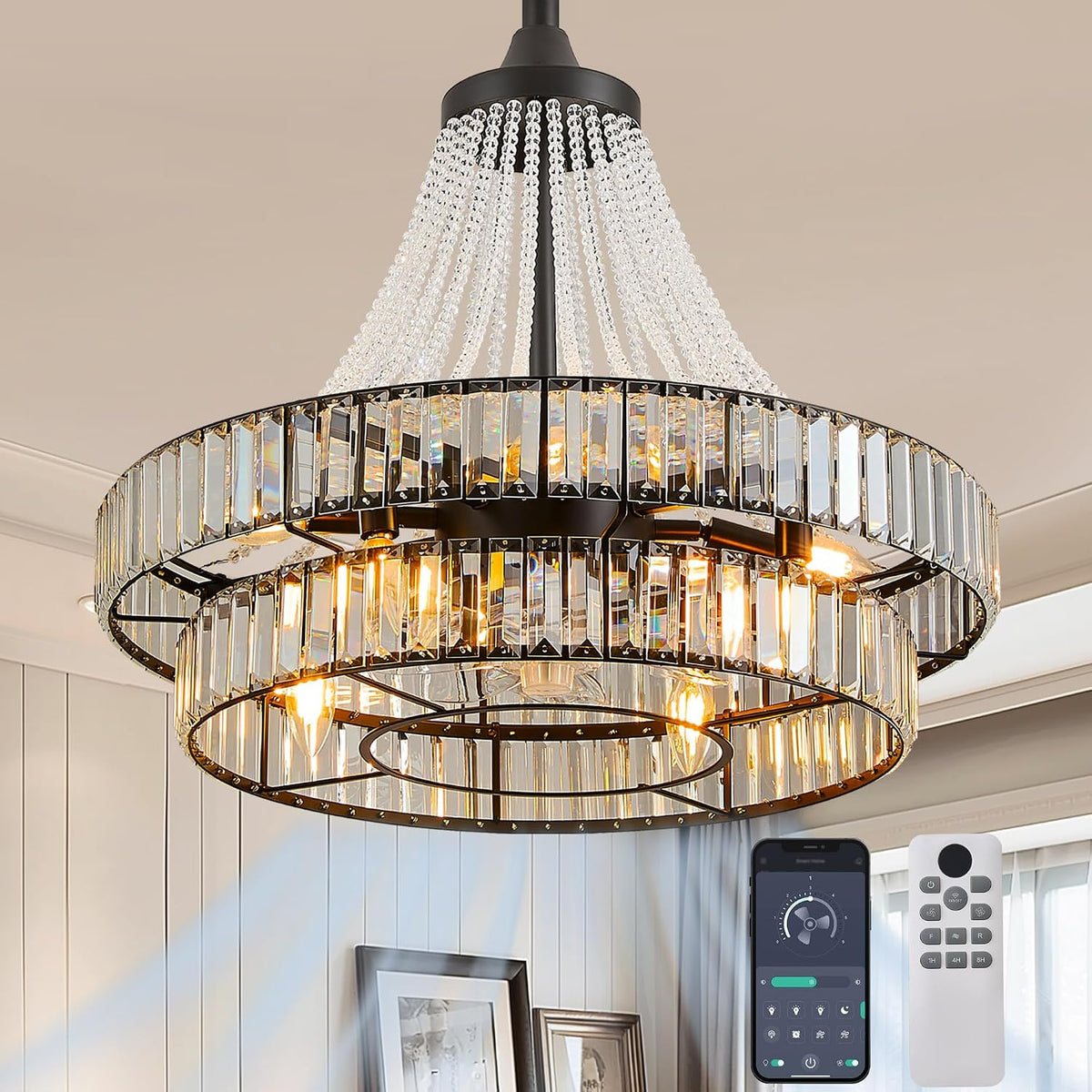 24" Smart Caged Crystal Ceiling Fan with Light & Remote