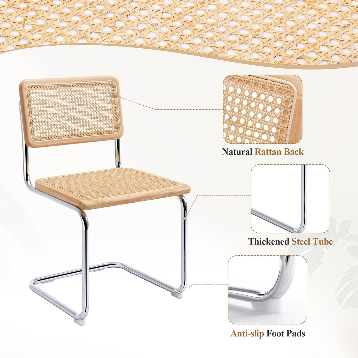 Rattan Cantilever Dining Chairs Set of 2, Boho Modern Dining Chairs with Rattan Back and Curved Steel Base for Kitchen or Living Room, Natural