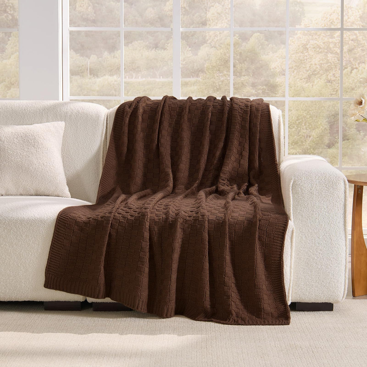 Chocolate Brown Throw Blanket, Checkerboard Knit, 50x60 Inches