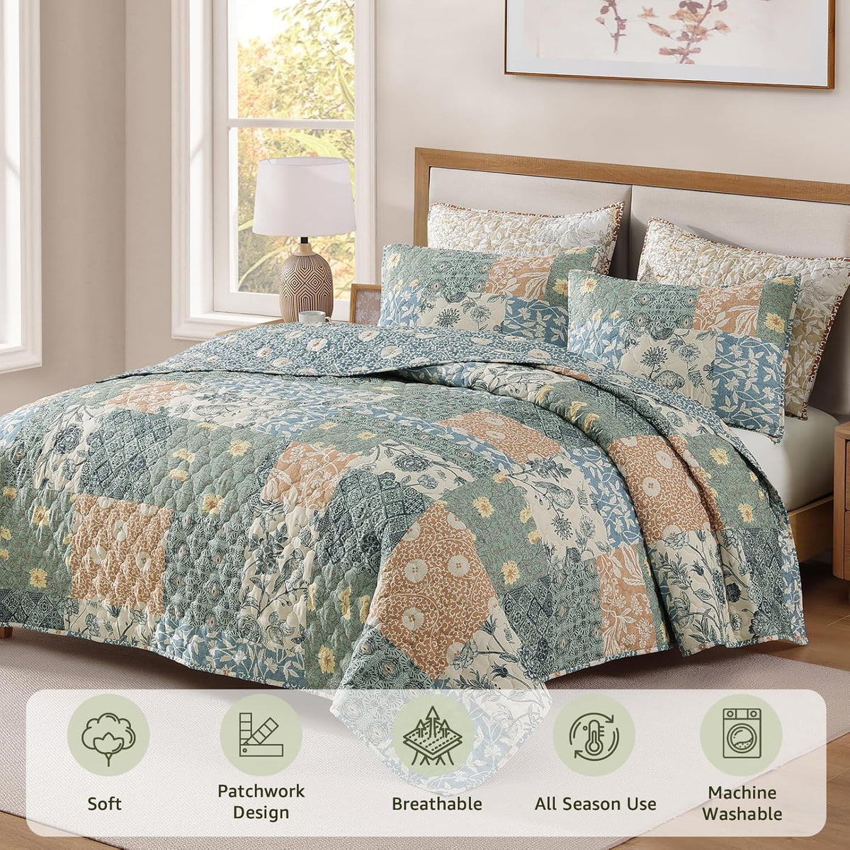 Quilt Set - 3 Pieces Patchwork Green Quilt Bedding Set, Lightweight Bedspread Coverlet, Reversible Floral