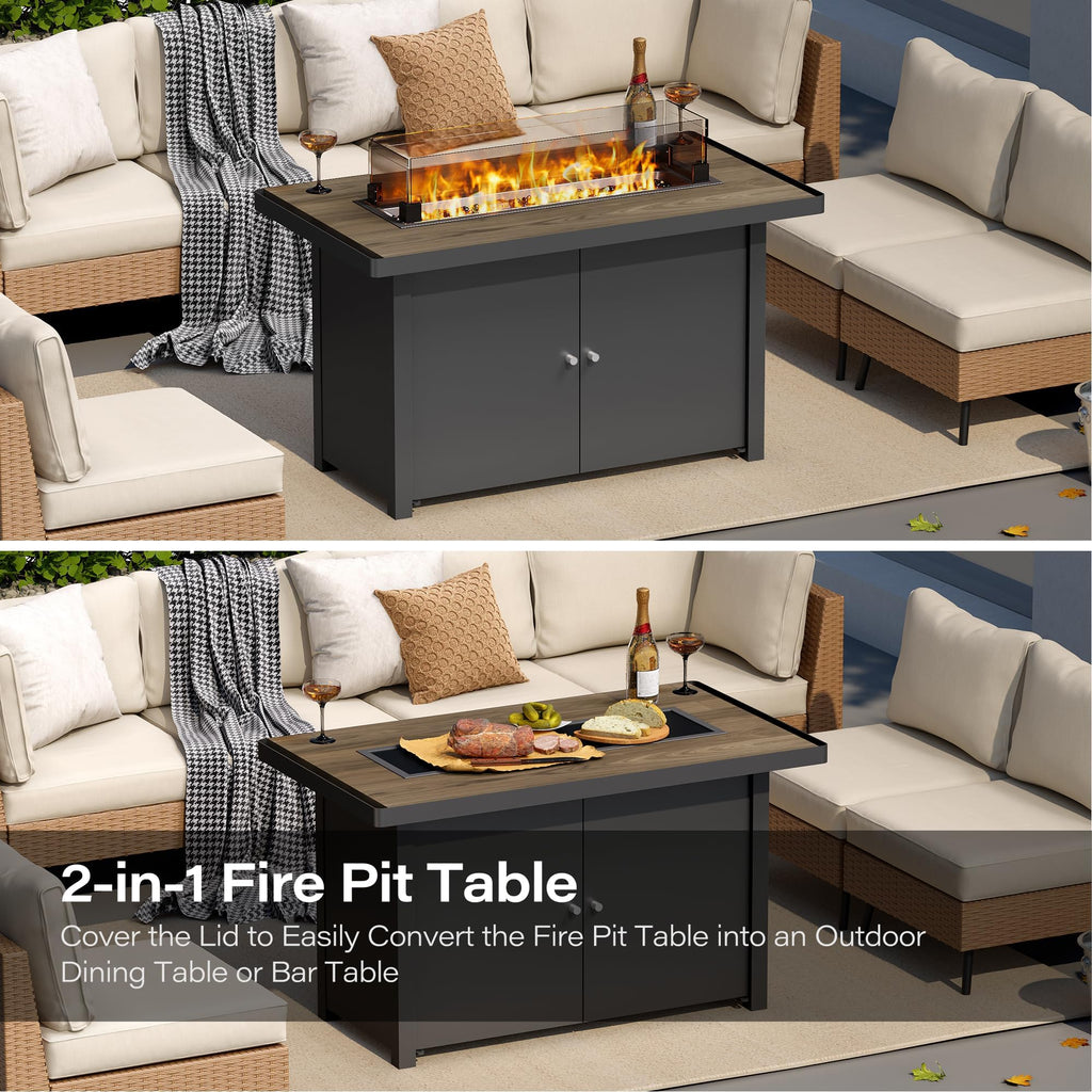 43" Propane Fire Pit Table, 55000 BTU Gas Fire Pit with 2 Tiered Storage Space, Wood Grain Tabletop, Gray Glass Wind
