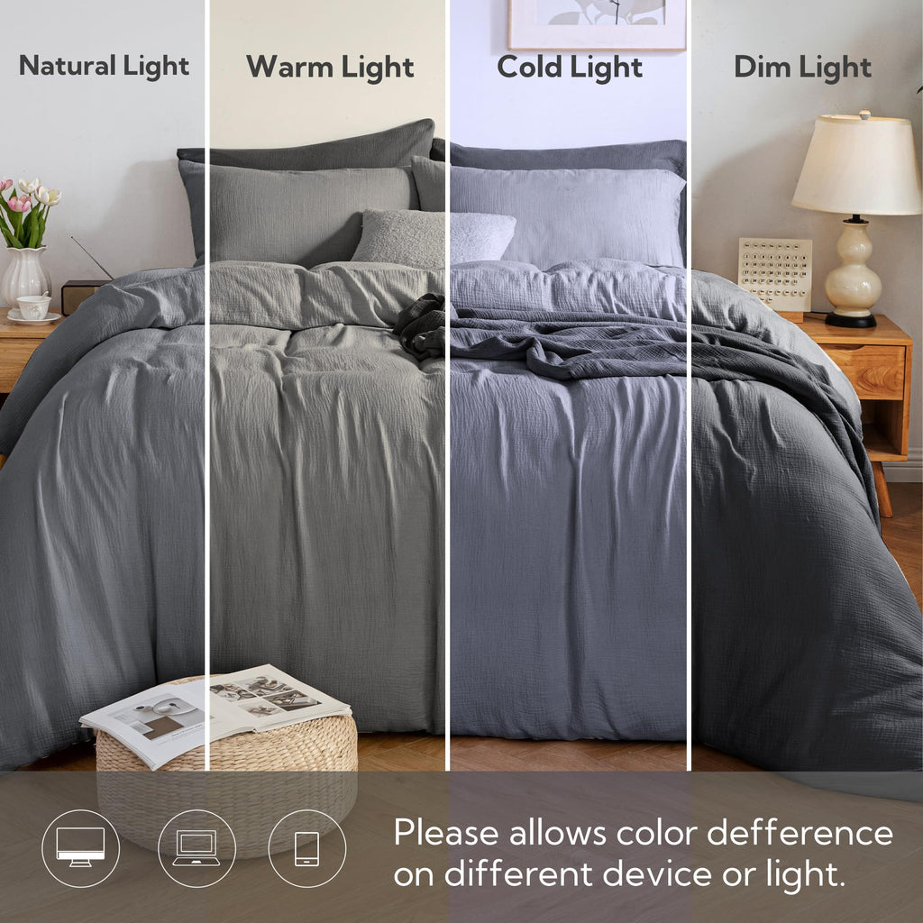 Muslin Duvet Cover - 100% Washed Cotton Linen Like Gauze Comforter Cover 3 Pieces Breathable & Lightweight for