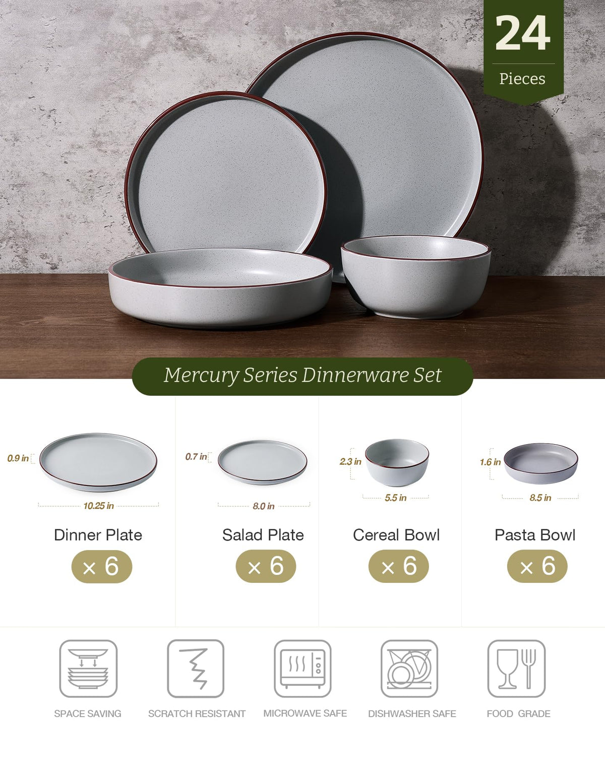 Mercury 24-Piece Dinnerware Set with Pasta Bowls,Light Grey