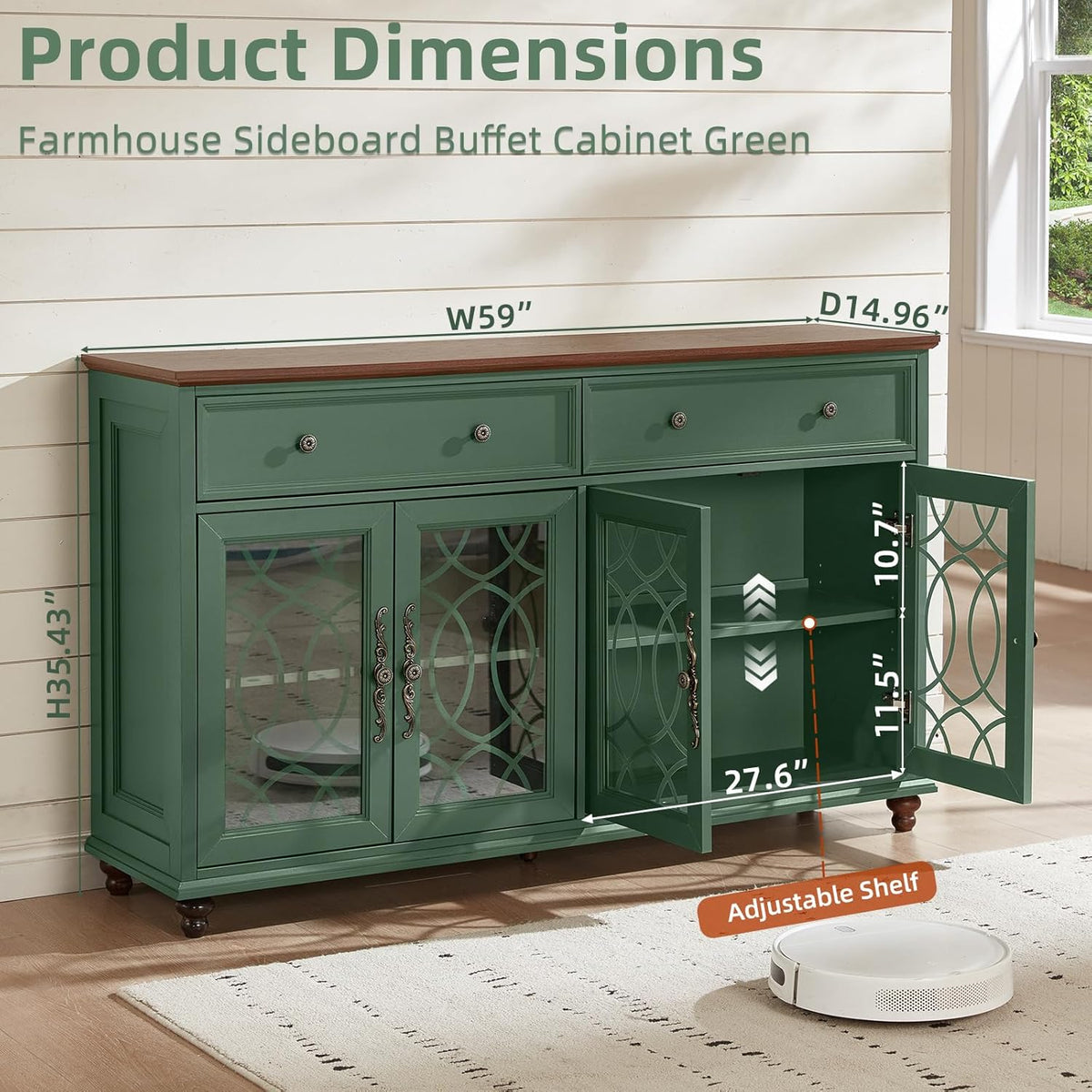 Farmhouse Sideboard Buffet Cabinet with Storage,Adjustable Shelves Console Table,59" Large Credenza with 4 Glass Doors