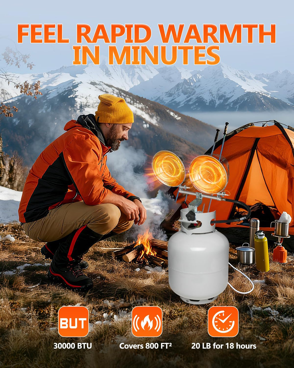 Double Tank Top Propane Outdoor Heater, 30, 000 BTU Propane Radiant Heater with 3 Heating Modes, Shut-off Valve and