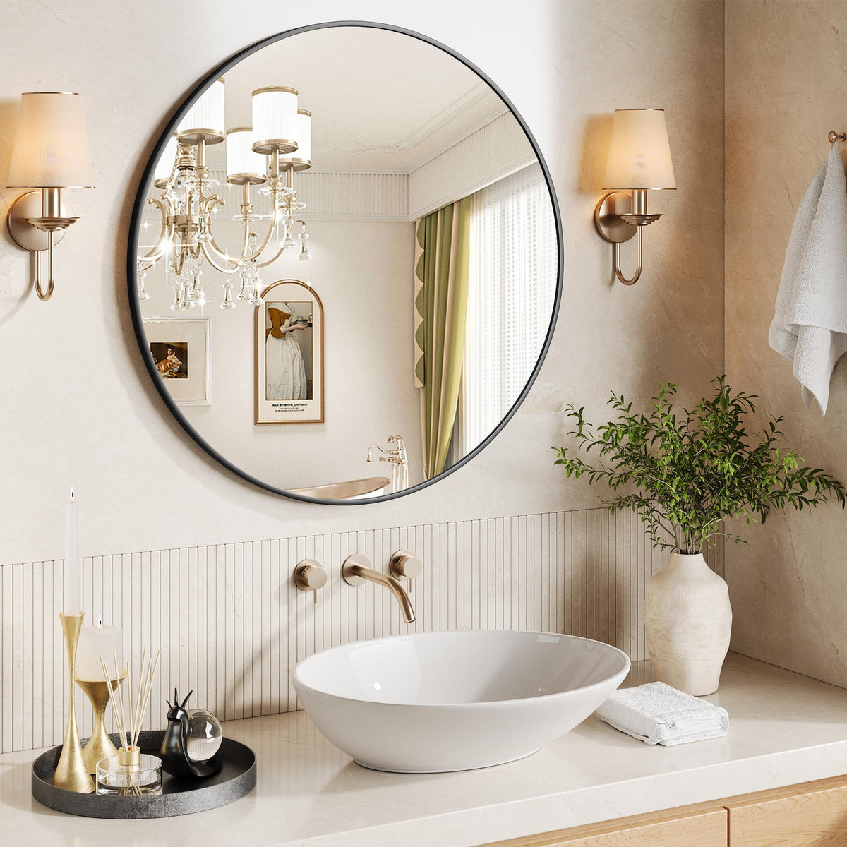 30Inch Black Round Wall Mirror, Circle Mirror Metal Frame, Vanity, Entryway, Bedroom, Living Room, Wall Mounted
