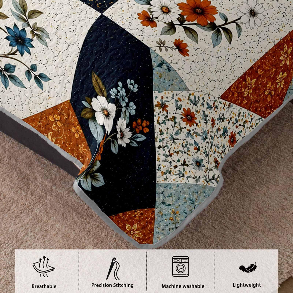Cream Floral Diamond 3-Piece Quilt Set with 2 Pillow Shams, Farmhouse Patchwork Soft Lightweight Microfiber