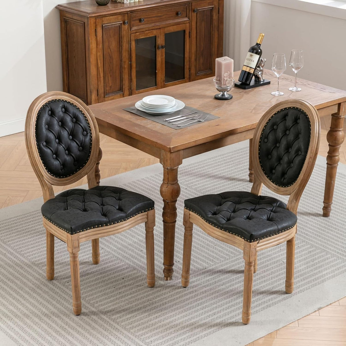 French Country Dining Chairs Set of 4, Vintage Wooden Dining Chairs with Tufted PU Leather Seat and Solid Wood Frame, Farmhouse Style, Black