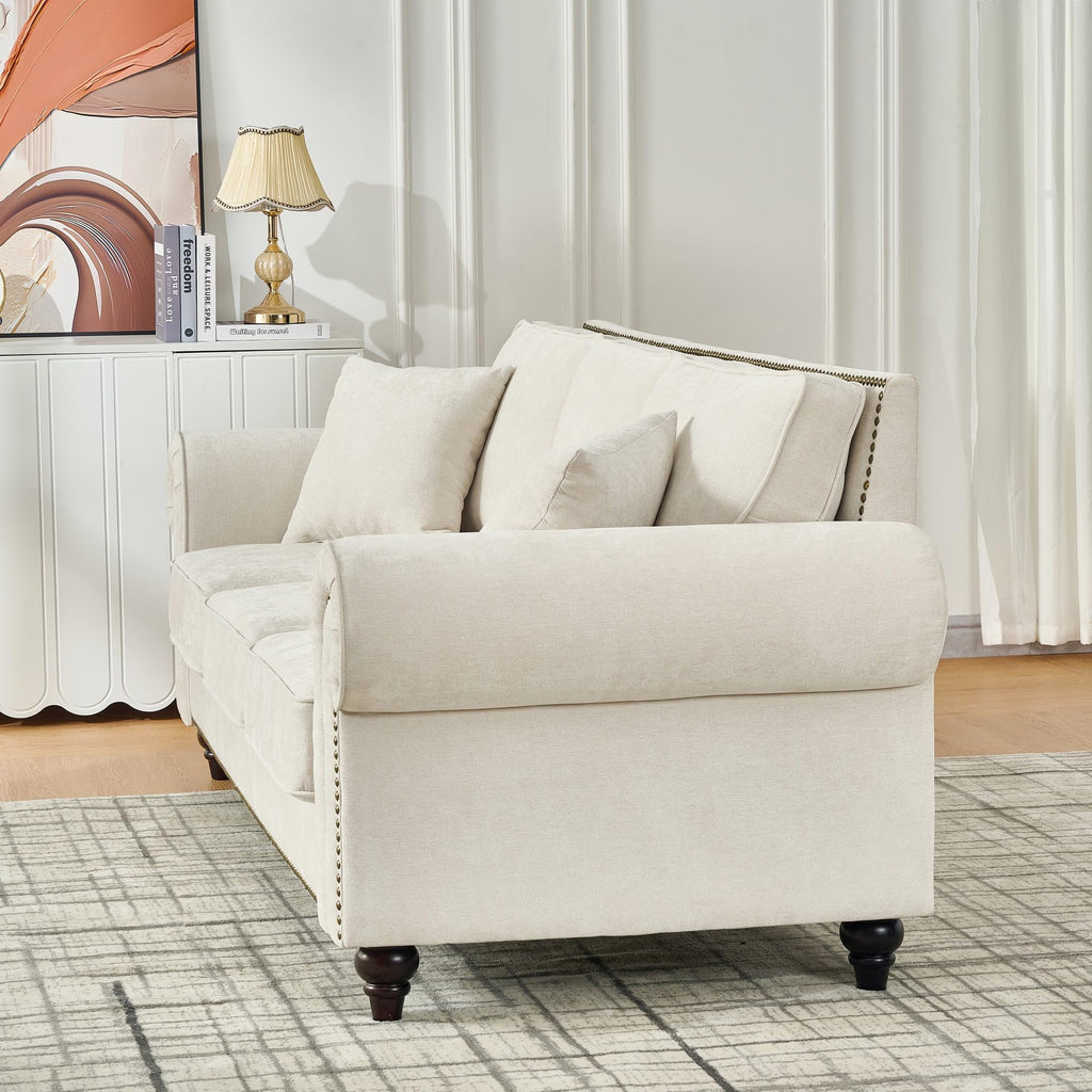 86.5" Chesterfield Sofa with Rolled Arms, Chenille Upholstered 3-Seater Couch with Wood Legs and Nailhead Trim