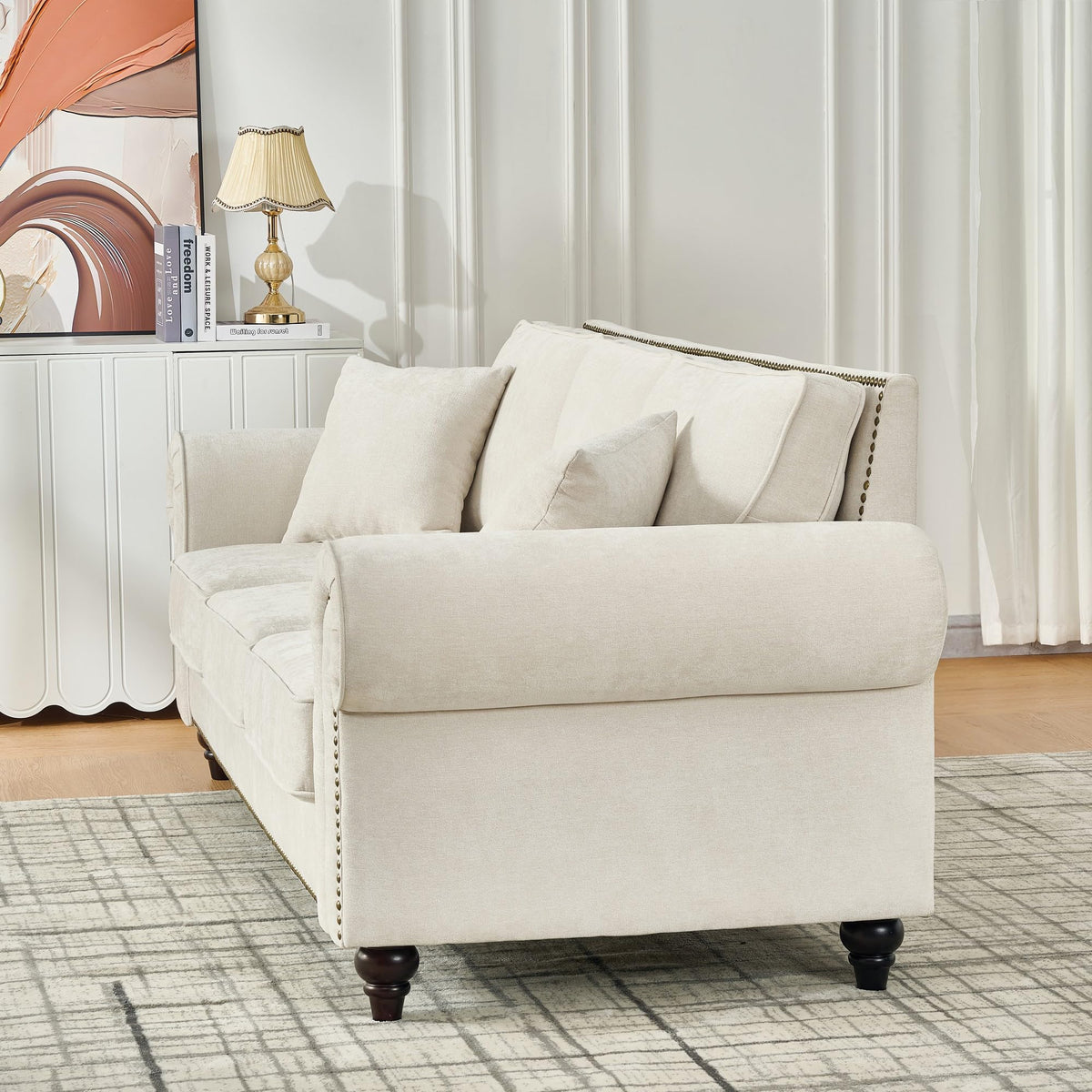 86.5" Chesterfield Sofa with Rolled Arms, Chenille Upholstered 3-Seater Couch with Wood Legs and Nailhead Trim