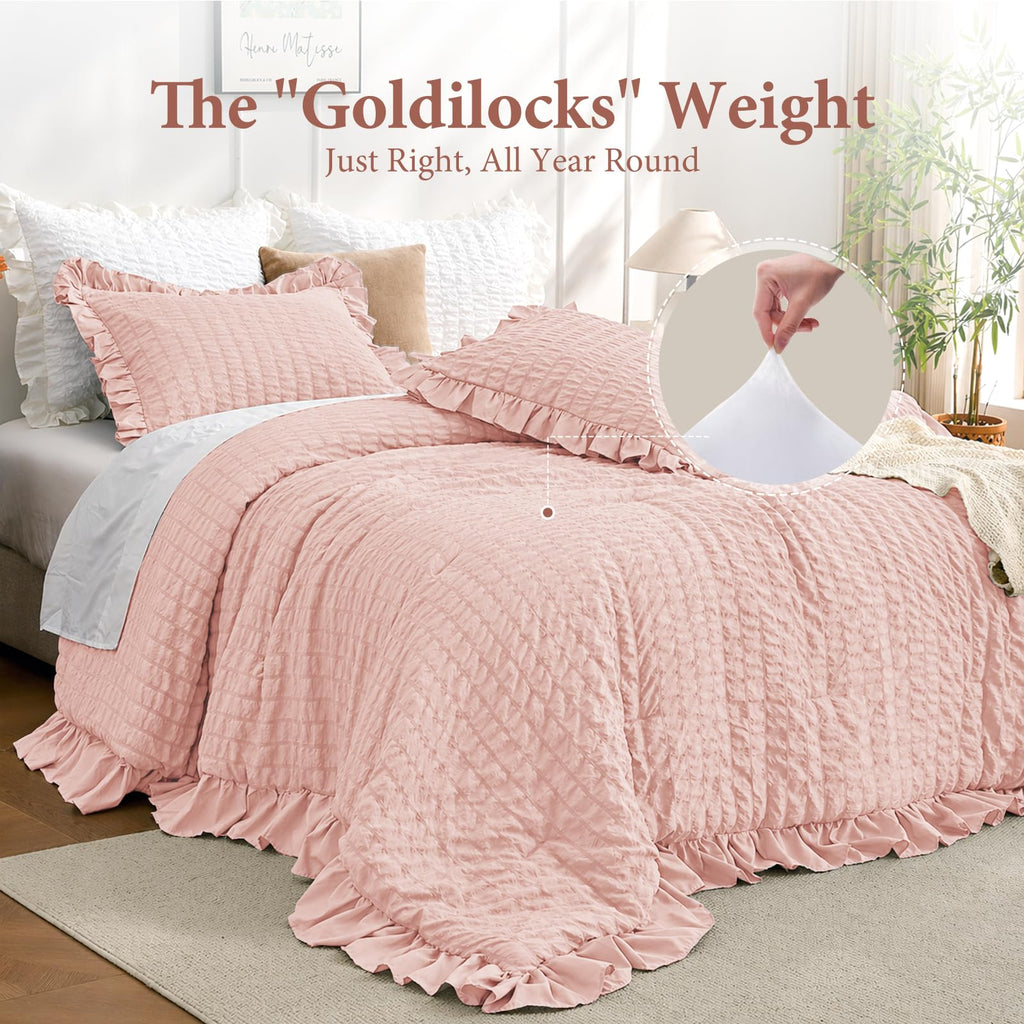 Comforter Set, 3 Pieces Rose Gold Seersucker Comforters, Lightweight & Fluffy Bedding Sets