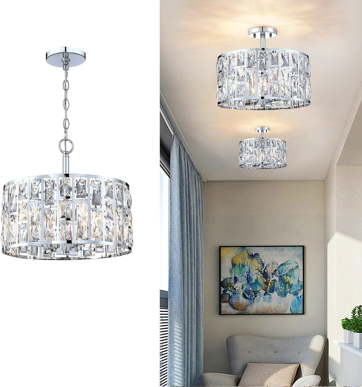 Farmhouse Crystal Convertible Chandelier, Hangs or Mounts Semi Flush