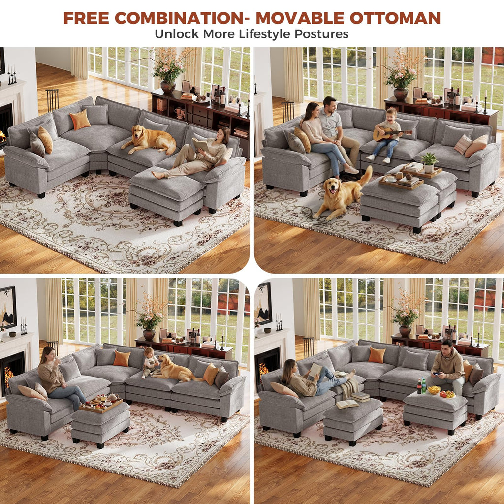 152" Oversized Modular Sectional Sofa with Corner, Comfy V-Shaped Cloud Couch, 7-Seater Chenille Deep Seat Modern