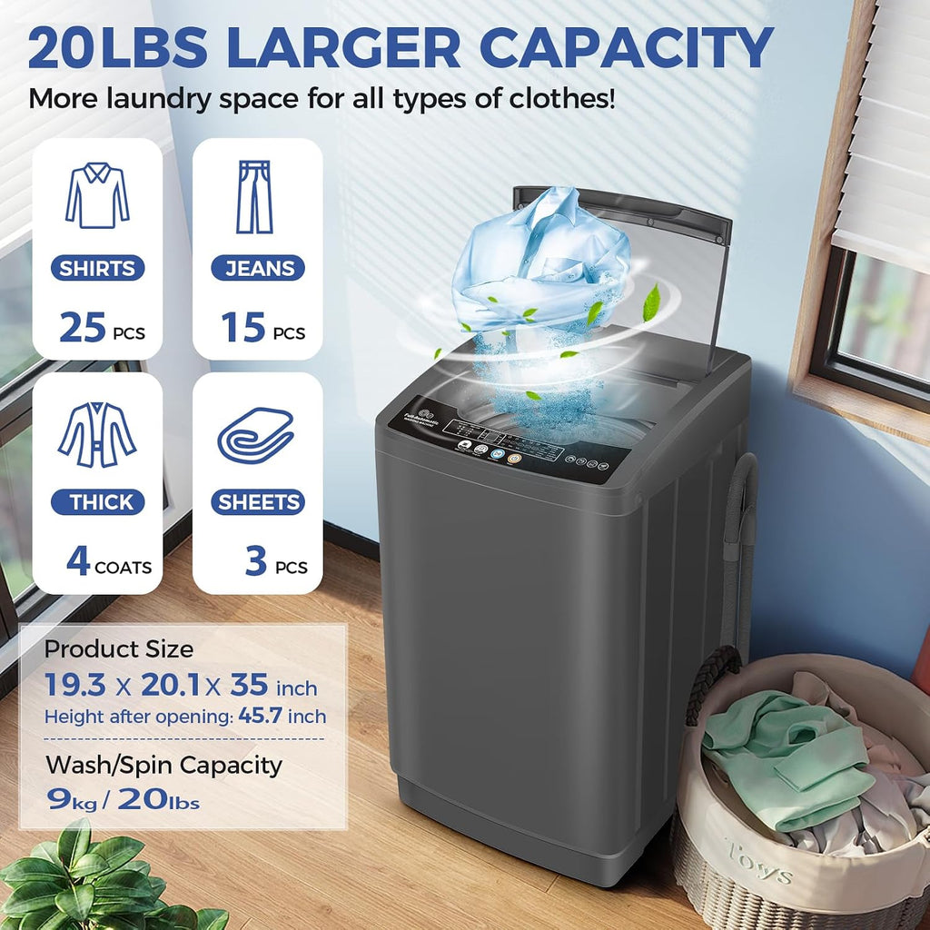 Portable Washing Machine, 20Lbs Capacity Full-Automatic Portable Washer Machine, 2.8Cu.ft Compact Laundry Machine with Drain Pump, 10 Programs & 8 Water Levels for Apartment Dorm RV