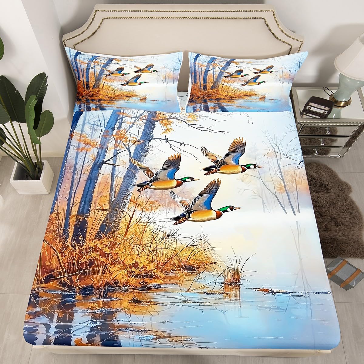Mallard Duck Sheet Set Mallard Duck Bird Bed Sheets Set Rustic Natural Lake Scenery Sheets Vintage Woodland
