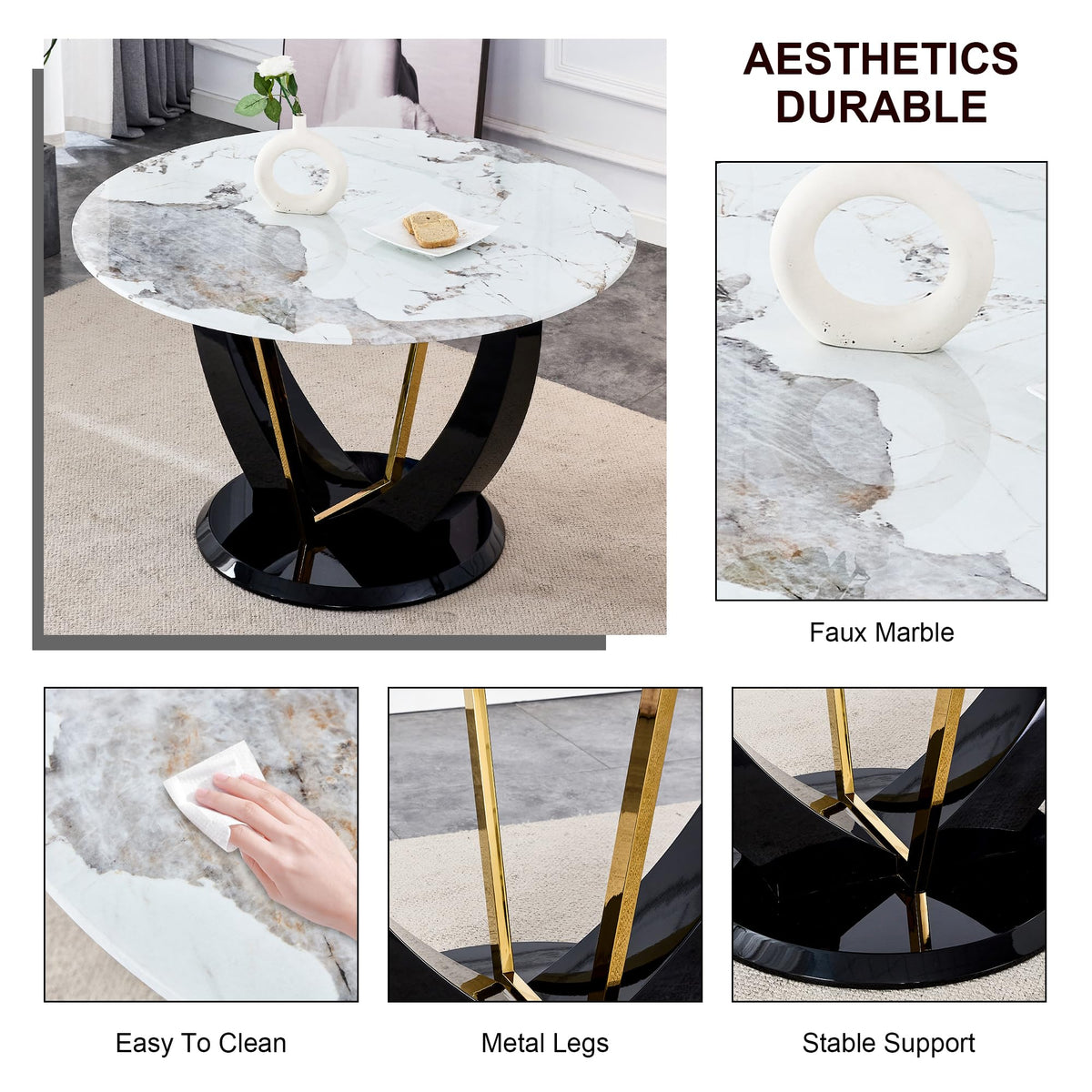 Inspired Saarinen Style 48 Inch Round Dining Table for 4 to 6, Faux Marble Look, Modern Circle Kitchen Furniture with Stable Pedestal Base