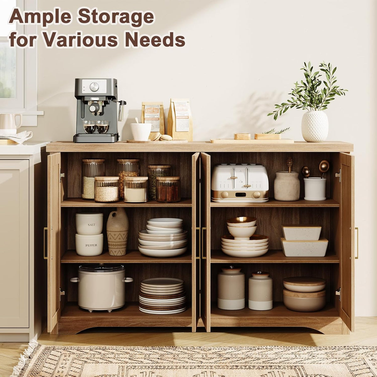 Fluted Buffet Cabinet with Storage Accent Sideboard,Modern Credenza with 4 Doors & Adjustable Shelves,Wood Coffee Bar
