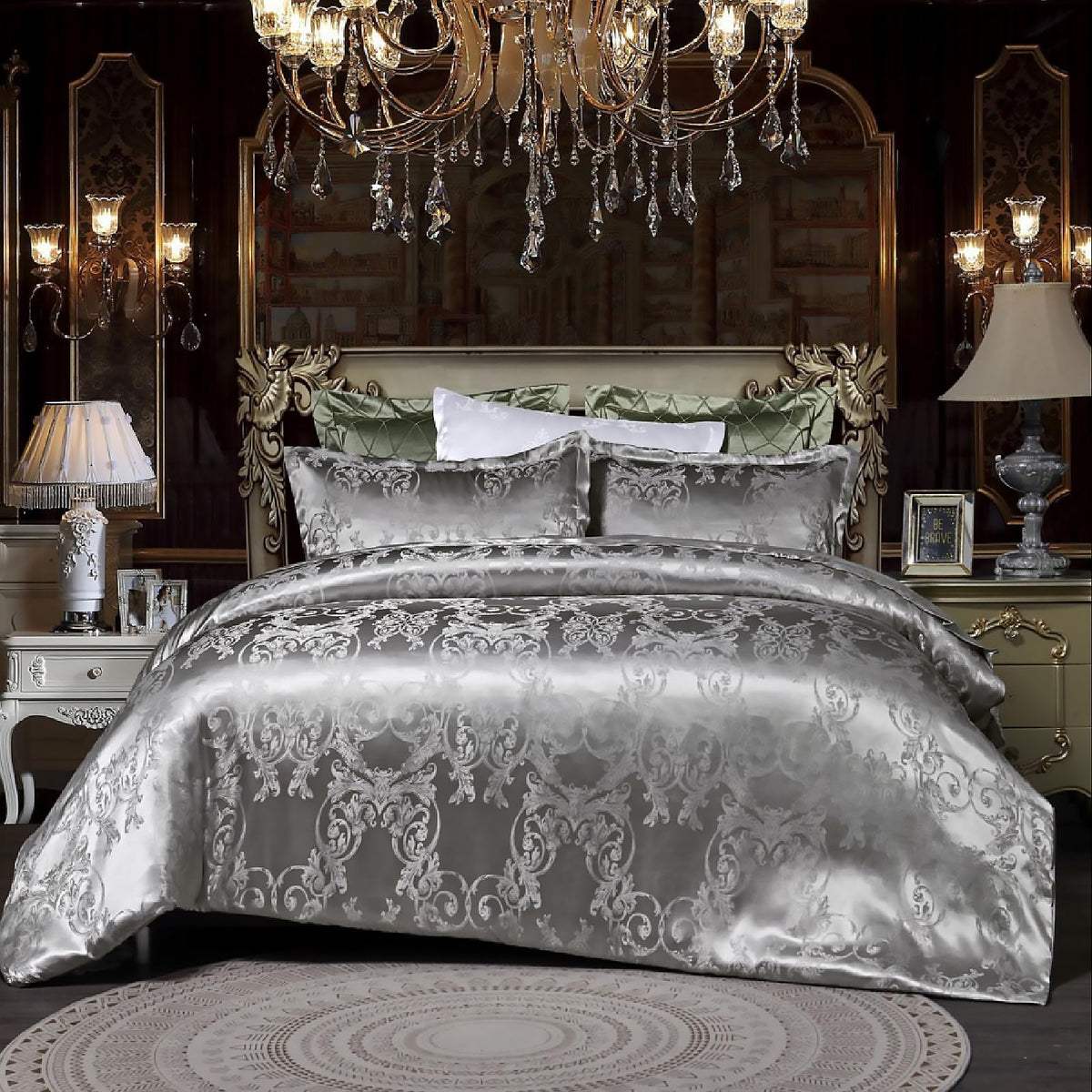 Satin Embroidered Duvet Cover Set, Silver Gray, 3 Piece